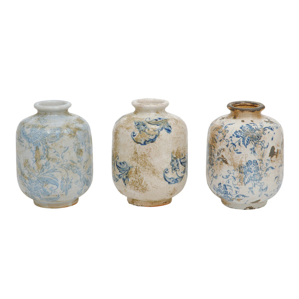 Blue Patterned Terra Cotta Vase - Short