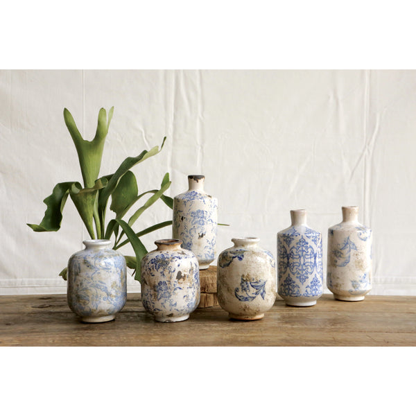 Blue Patterned Terra Cotta Vase - Short