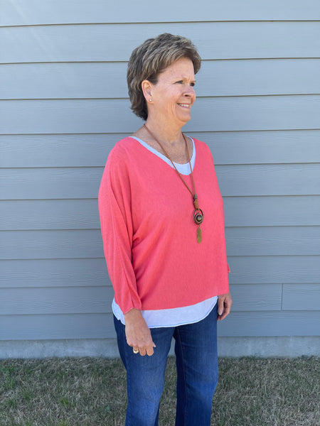 2 Piece Top with Necklace - Coral