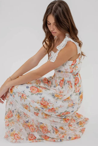 White Floral Midi Dress with Lace Straps