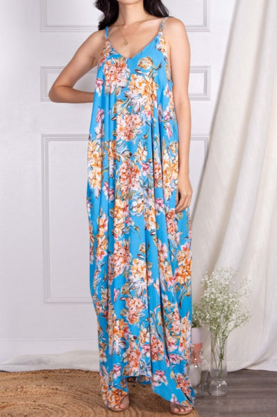 Floral Spaghetti Strap Dress - Blue