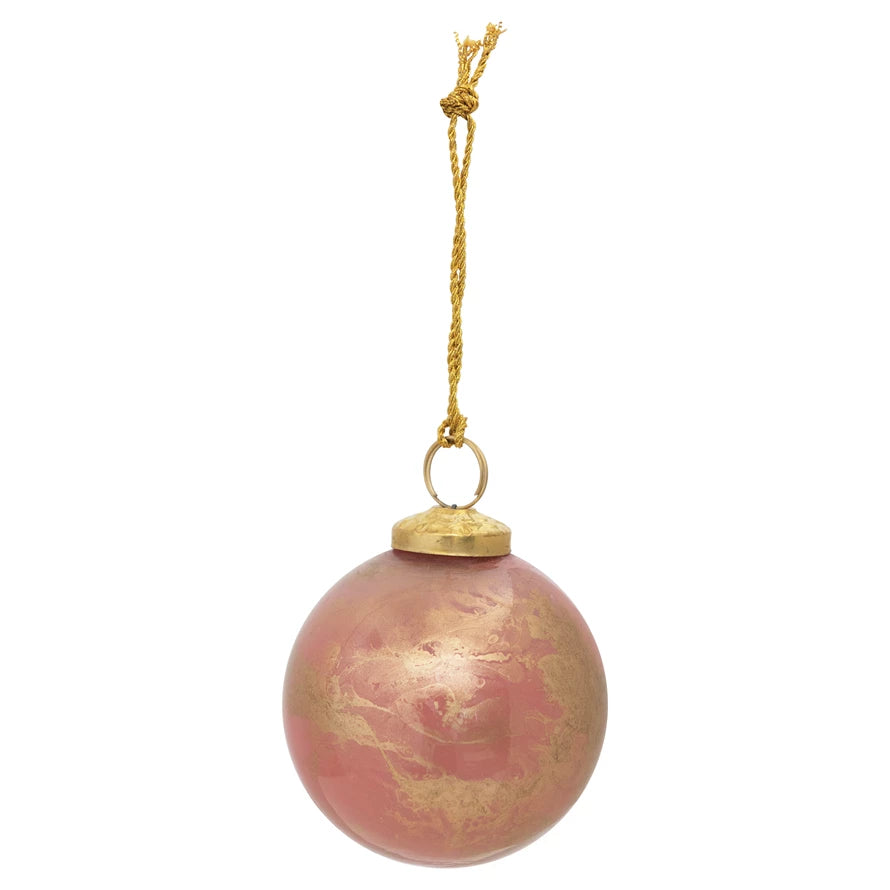 6” Round Glass Pink & Gold Marbled Ornament