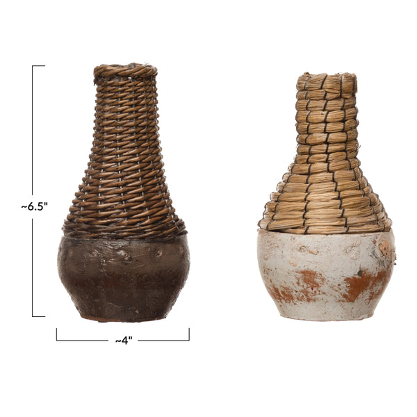 Hand-Woven Rattan & Clay Vase - Small