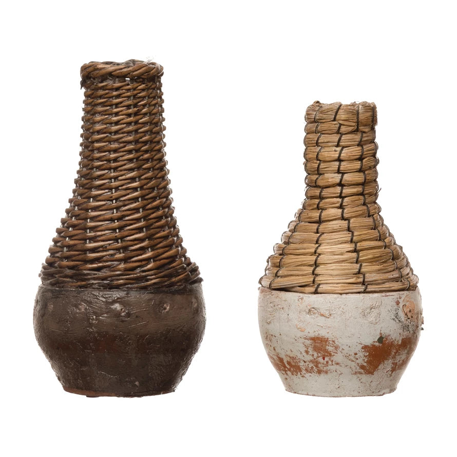 Hand-Woven Rattan & Clay Vase - Small