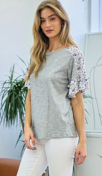 Gray Floral Sleeves Top