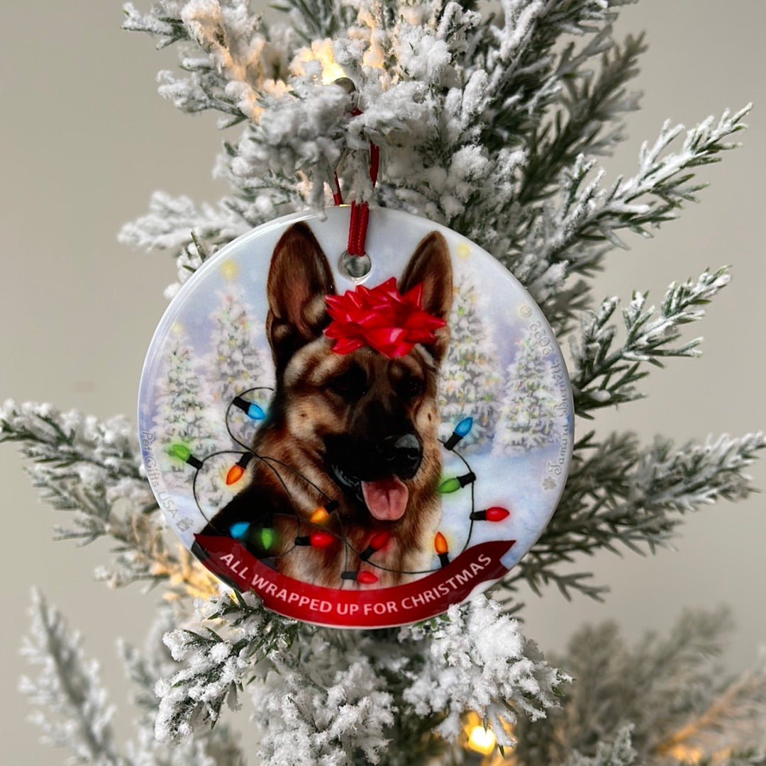 German Shepard Wrapped up for Christmas Ornament