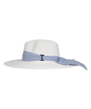 White Woven Hat with Blue Strip Ribbon