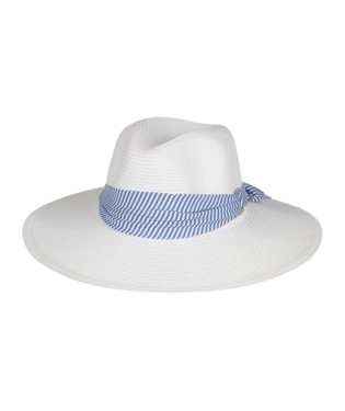 White Woven Hat with Blue Strip Ribbon